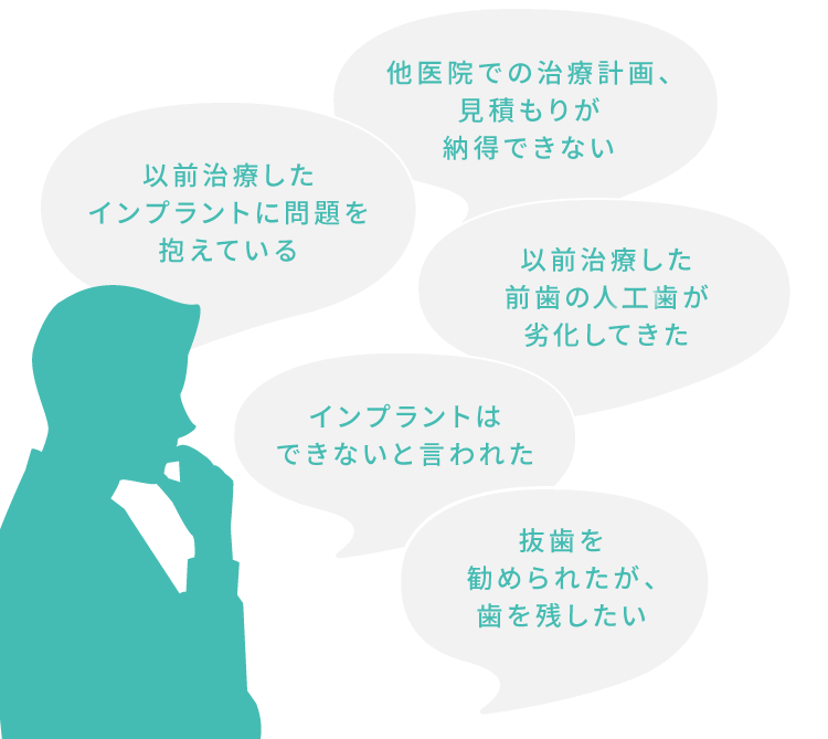 以前治療したインプラントに問題を抱えている
				他医院での治療計画、見積もりが納得できない
				以前治療した前歯の人口歯が劣化してきた
				インプラントはできないと言われた
				抜歯を勧められたが、歯を残したい